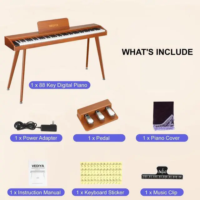 Alt view image 6 of 7 - 88 Key Digital Piano Keyboard, Semi-Weighted Electric Piano, Full Size Piano Keyboard for Beginners with Triple Pedal, Sheet Music Stand, USB-MIDI Compatibility (Classic Brown)