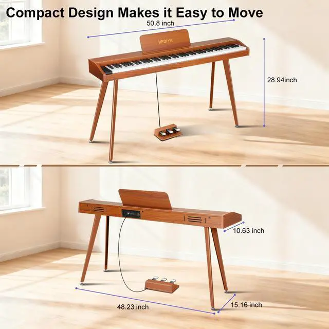 Alt view image 7 of 7 - 88 Key Digital Piano Keyboard, Semi-Weighted Electric Piano, Full Size Piano Keyboard for Beginners with Triple Pedal, Sheet Music Stand, USB-MIDI Compatibility (Classic Brown)