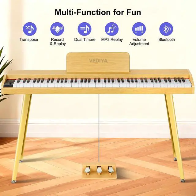 Alt view image 3 of 7 - 88 Key Digital Piano Keyboard, Semi-Weighted Electric Piano, Full Size Piano Keyboard for Beginners with Triple Pedal, Sheet Music Stand, USB-MIDI Compatibility (Natural Oak)