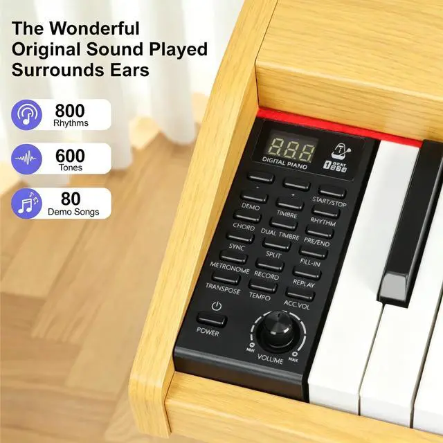 Alt view image 4 of 7 - 88 Key Digital Piano Keyboard, Semi-Weighted Electric Piano, Full Size Piano Keyboard for Beginners with Triple Pedal, Sheet Music Stand, USB-MIDI Compatibility (Natural Oak)