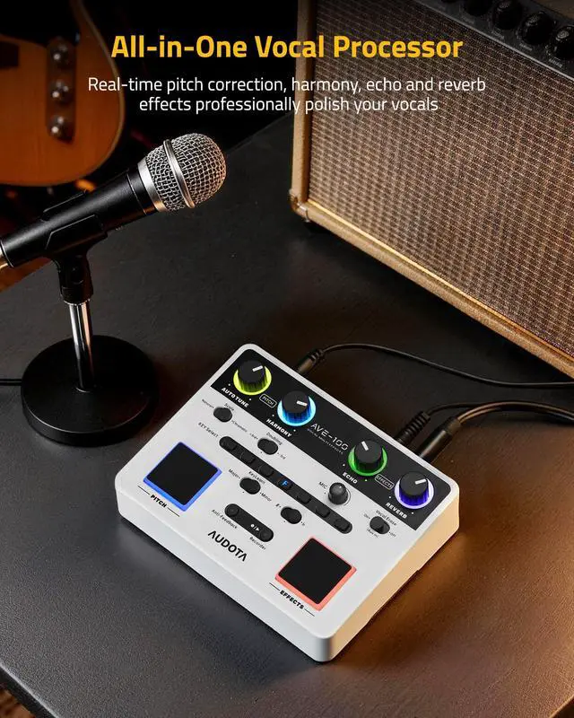 Alt view image 2 of 7 - AVE-100 Vocal Effects Processor with Auto Pitch Correction/Harmony/Echo/Reverb, Smart Anti-Feedback & VocalErase OTG Recording Vocal Processor for Live Singing Streaming Home Studio