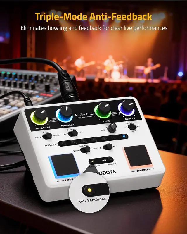 Alt view image 4 of 7 - AVE-100 Vocal Effects Processor with Auto Pitch Correction/Harmony/Echo/Reverb, Smart Anti-Feedback & VocalErase OTG Recording Vocal Processor for Live Singing Streaming Home Studio