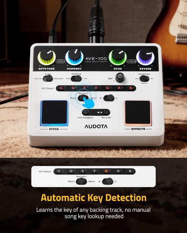 Alt view image 3 of 7 - AVE-100 Vocal Effects Processor with Auto Pitch Correction/Harmony/Echo/Reverb, Smart Anti-Feedback & VocalErase OTG Recording Vocal Processor for Live Singing Streaming Home Studio