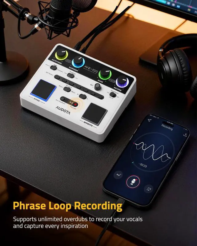 Alt view image 5 of 7 - AVE-100 Vocal Effects Processor with Auto Pitch Correction/Harmony/Echo/Reverb, Smart Anti-Feedback & VocalErase OTG Recording Vocal Processor for Live Singing Streaming Home Studio