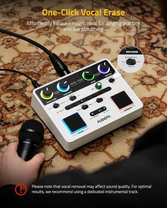 Alt view image 6 of 7 - AVE-100 Vocal Effects Processor with Auto Pitch Correction/Harmony/Echo/Reverb, Smart Anti-Feedback & VocalErase OTG Recording Vocal Processor for Live Singing Streaming Home Studio