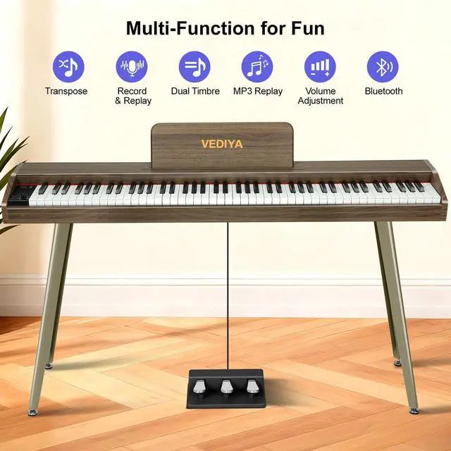 Alt view image 3 of 7 - 88 Key Digital Piano Keyboard, Semi-Weighted Electric Piano, Full Size Piano Keyboard for Beginners with Triple Pedal, Sheet Music Stand, USB-MIDI Compatibility (Retro Walnut)