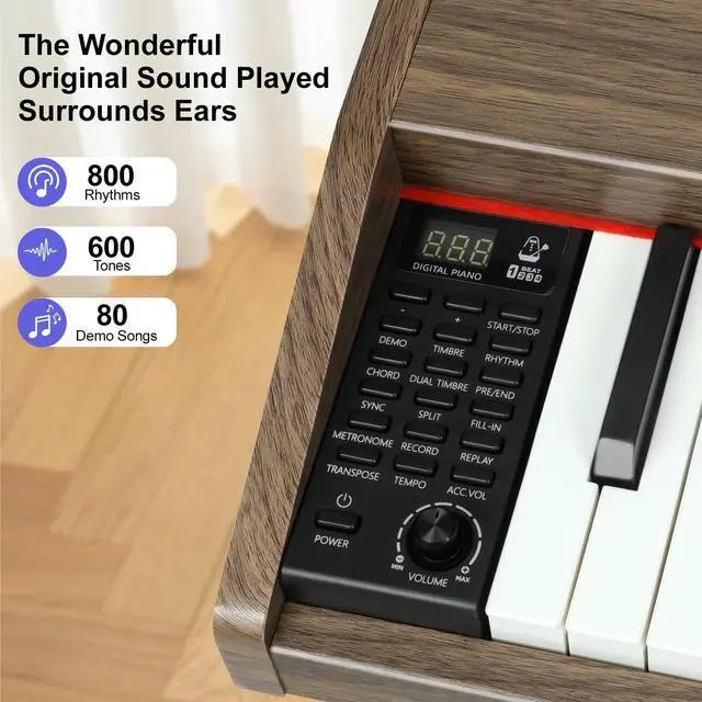 Alt view image 4 of 7 - 88 Key Digital Piano Keyboard, Semi-Weighted Electric Piano, Full Size Piano Keyboard for Beginners with Triple Pedal, Sheet Music Stand, USB-MIDI Compatibility (Retro Walnut)
