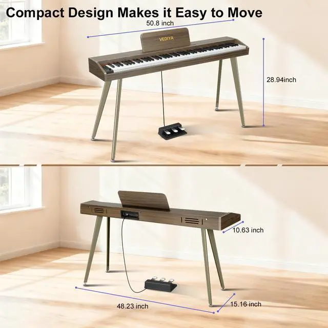 Alt view image 7 of 7 - 88 Key Digital Piano Keyboard, Semi-Weighted Electric Piano, Full Size Piano Keyboard for Beginners with Triple Pedal, Sheet Music Stand, USB-MIDI Compatibility (Retro Walnut)