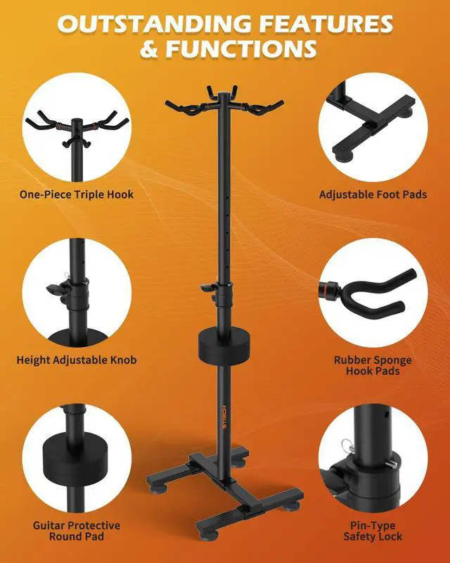 Alt view image 4 of 6 - Guitar Stands Floor, 3 Adjustable Guitar Stand Holder, Heavy Duty 3 Guitar Stand for Acoustic Electric Guitars Bass Banjos, Folding Multi Guitar Stands 3-Holder, FH-S3 Black