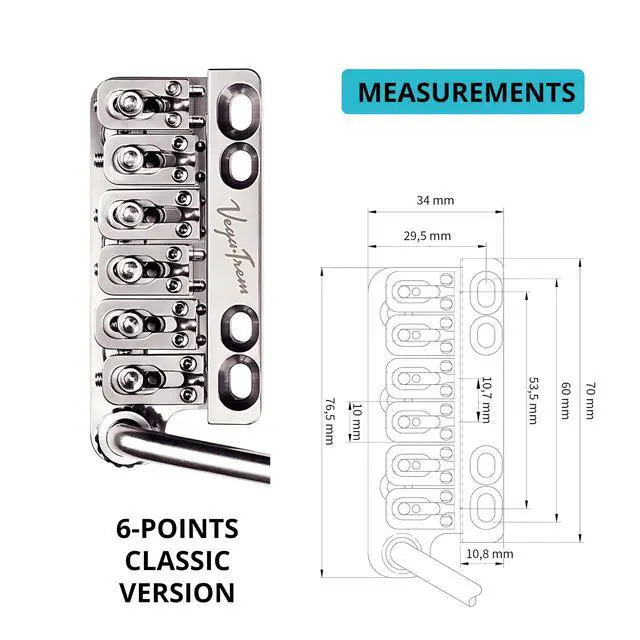 Alt view image 7 of 7 - Vega-Trem VT1 Ultra-Trem Standard 6-Screw Stratocaster Guitar Tremolo Bridge For Strat No Mods Easy Installation (Glossy, Right)