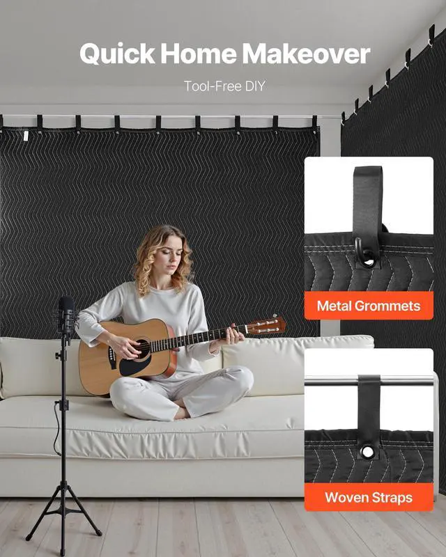 Alt view image 6 of 7 - 2 Pcs Sound Dampening Blankets, Soundproof Curtains with 96 x 80 in, Soundproof Blanket with Grommets, Studio Grommeted Blanket, for Window, Door, Light Blocker, Music Recording, Black