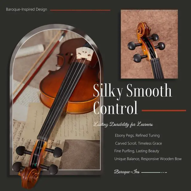 Alt view image 3 of 7 - Handcrafted Full Size Violin: Solid Wood Matte Fiddle, Acoustic Beginner 4/4 Violin Kit with Hard Case, Lesson Book, Bow, Shoulder Rest, Extra Strings, Tuner, Fretboard Stickers (VRT-AmiMS)