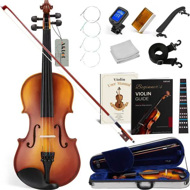 Main image of Handcrafted Full Size Violin: Solid Wood Matte Fiddle, Acoustic Beginner 4/4 Violin Kit with Hard Case, Lesson Book, Bow, Shoulder Rest, Extra Strings, Tuner, Fretboard Stickers (VRT-AmiCS)