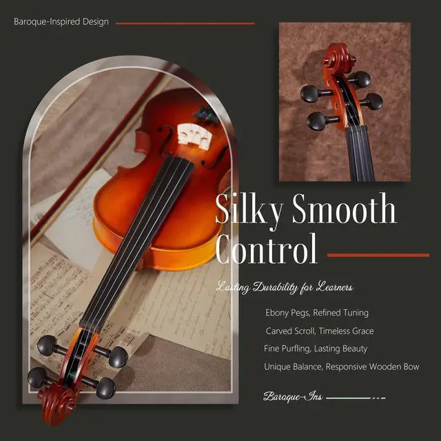 Alt view image 3 of 7 - Handcrafted Full Size Violin: Solid Wood Matte Fiddle, Acoustic Beginner 4/4 Violin Kit with Hard Case, Lesson Book, Bow, Shoulder Rest, Extra Strings, Tuner, Fretboard Stickers (VRT-AmiCS)