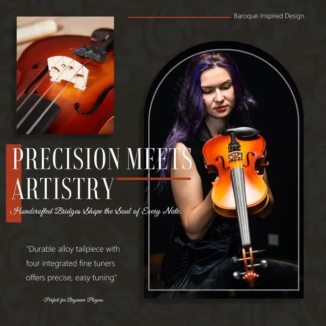 Alt view image 4 of 7 - Handcrafted Full Size Violin: Solid Wood Matte Fiddle, Acoustic Beginner 4/4 Violin Kit with Hard Case, Lesson Book, Bow, Shoulder Rest, Extra Strings, Tuner, Fretboard Stickers (VRT-AmiCS)