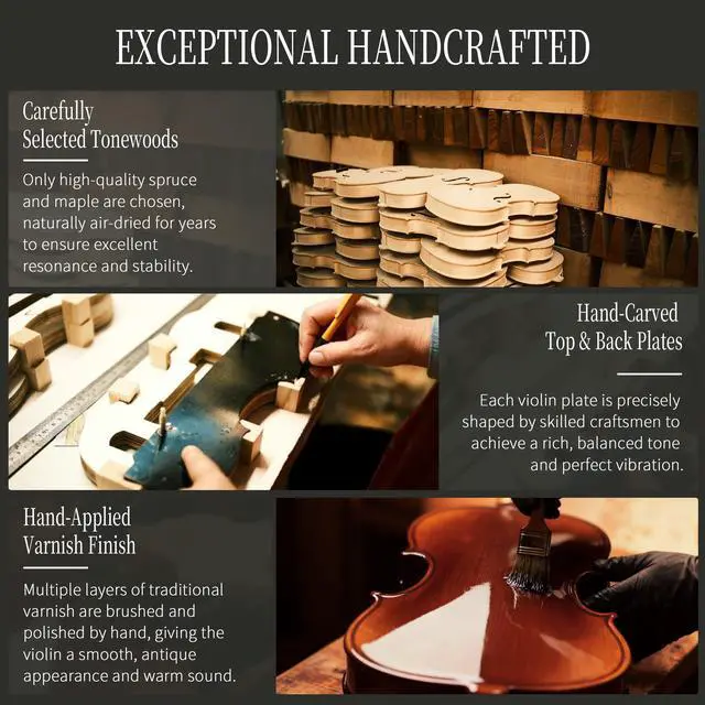 Alt view image 5 of 7 - Handcrafted Full Size Violin: Solid Wood Matte Fiddle, Acoustic Beginner 4/4 Violin Kit with Hard Case, Lesson Book, Bow, Shoulder Rest, Extra Strings, Tuner, Fretboard Stickers (VRT-AmiCS)