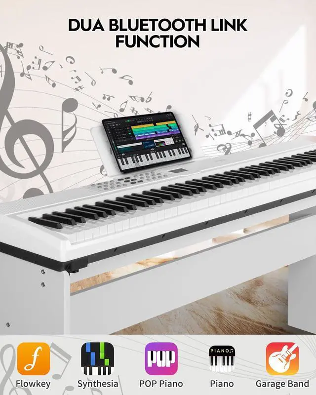 Alt view image 4 of 7 - 88 Keys Weighted Keyboard Piano with Stand & Sustain Pedal, Hammer-Action Digital Piano, Full-size Electric Piano Keyboard Supports USB-MIDI/Wireless Connect, White, SDP-120