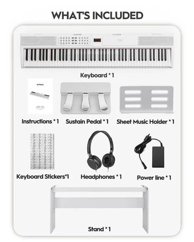 Alt view image 6 of 7 - 88 Keys Weighted Keyboard Piano with Stand & Sustain Pedal, Hammer-Action Digital Piano, Full-size Electric Piano Keyboard Supports USB-MIDI/Wireless Connect, White, SDP-120