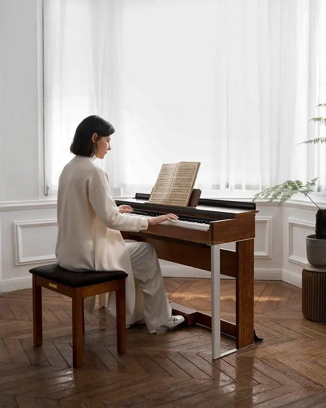Alt view image 2 of 7 - Piano Bench with Storage, Solid Wood Keyboard Bench Piano Bookcase Stool Chair Seat with High-Density Suede Cushion, Brown