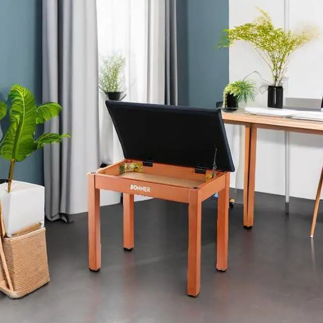 Alt view image 2 of 7 - Piano Bench with Storage, Solid Wood Keyboard Bench Piano Bookcase Stool Chair Seat with High-Density Suede Cushion, Wood Finish Color