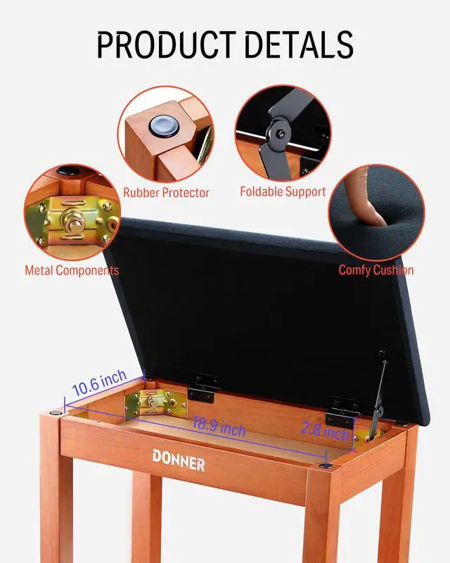 Alt view image 5 of 7 - Piano Bench with Storage, Solid Wood Keyboard Bench Piano Bookcase Stool Chair Seat with High-Density Suede Cushion, Wood Finish Color