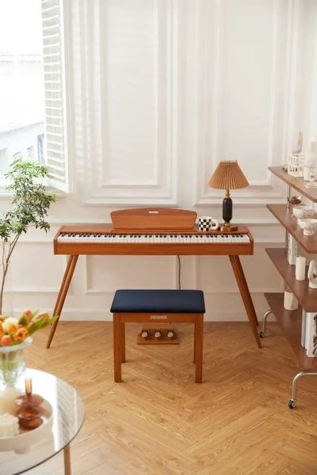 Alt view image 7 of 7 - Piano Bench with Storage, Solid Wood Keyboard Bench Piano Bookcase Stool Chair Seat with High-Density Suede Cushion, Wood Finish Color