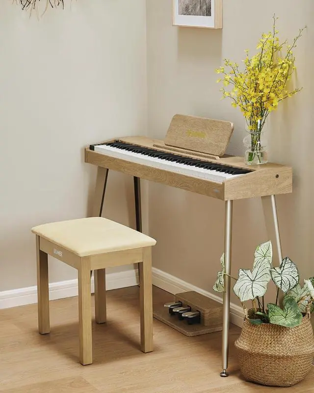 Alt view image 2 of 6 - Piano Bench with Storage, Solid Wood Keyboard Bench Piano Bookcase Stool Chair Seat with High-Density Suede Cushion, Light Wood Color