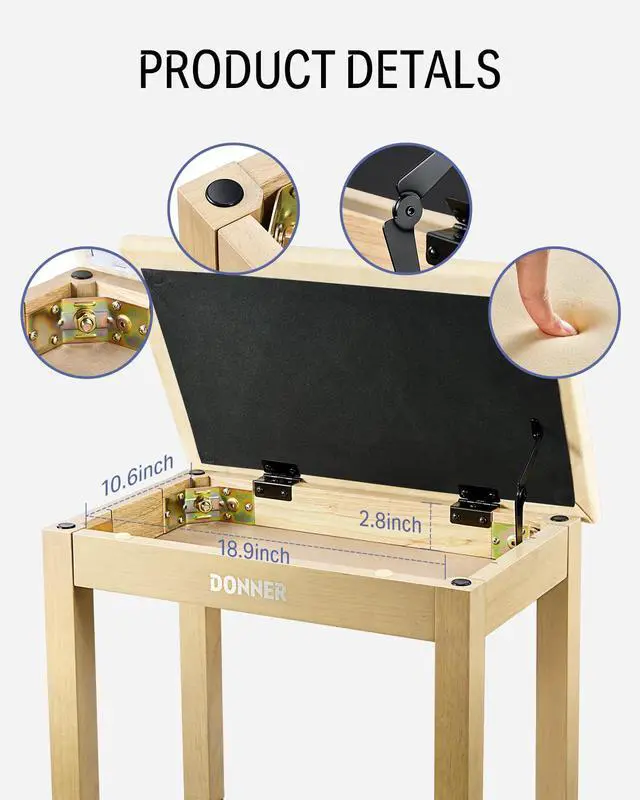 Alt view image 5 of 6 - Piano Bench with Storage, Solid Wood Keyboard Bench Piano Bookcase Stool Chair Seat with High-Density Suede Cushion, Light Wood Color