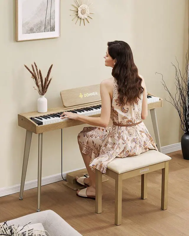 Alt view image 6 of 6 - Piano Bench with Storage, Solid Wood Keyboard Bench Piano Bookcase Stool Chair Seat with High-Density Suede Cushion, Light Wood Color
