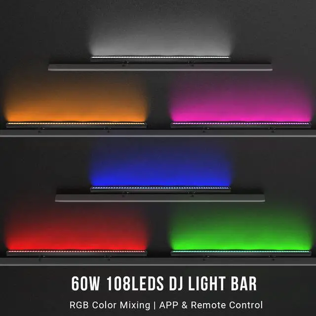 Alt view image 2 of 7 - LED Stage Wash Light Bar: 60W Dual-Row LED with 108 LEDs - Remote & App Control - Sound Activated Music Sync - Aluminium Construction for Events DJ Parties Venues Home Decor Band Performances