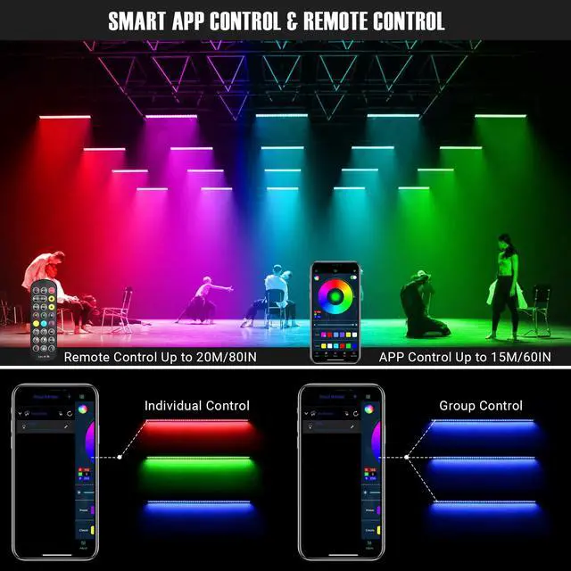 Alt view image 3 of 7 - LED Stage Wash Light Bar: 60W Dual-Row LED with 108 LEDs - Remote & App Control - Sound Activated Music Sync - Aluminium Construction for Events DJ Parties Venues Home Decor Band Performances