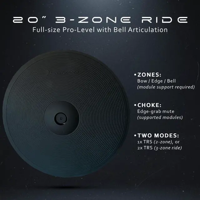Alt view image 3 of 7 - LE-20C3 20 inch Triple-Zone Electronic Ride/Crash Cymbal Pad with Bell and Edge Choke, Textured Rubber Rebound Surface, Compatible with Roland/Alesis - 2-Zone Crash or 3-Zone Ride E-Drums - 20"