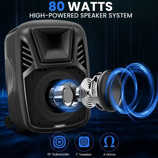 Alt view image 3 of 7 - 15 Portable Bluetooth PA Speaker System - 800W Wireless Rechargeable Loudspeaker with LED Party Lights, Rolling Wheels, Built-in Amp, & Remote Control - Indoor/Outdoor Karaoke Machine (Black)