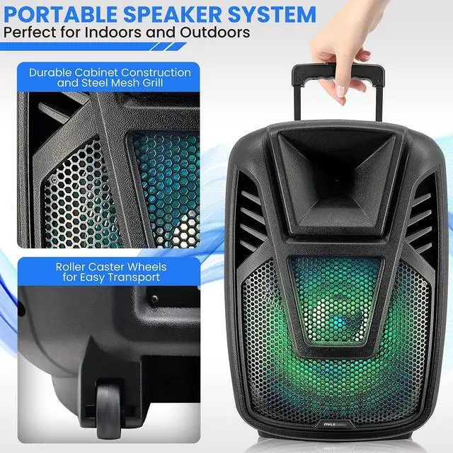 Alt view image 5 of 7 - 15 Portable Bluetooth PA Speaker System - 800W Wireless Rechargeable Loudspeaker with LED Party Lights, Rolling Wheels, Built-in Amp, & Remote Control - Indoor/Outdoor Karaoke Machine (Black)