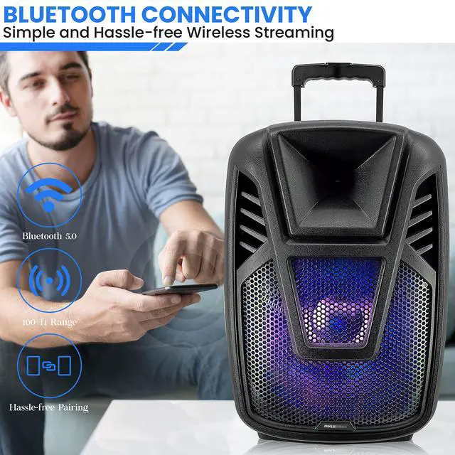 Alt view image 6 of 7 - 15 Portable Bluetooth PA Speaker System - 800W Wireless Rechargeable Loudspeaker with LED Party Lights, Rolling Wheels, Built-in Amp, & Remote Control - Indoor/Outdoor Karaoke Machine (Black)
