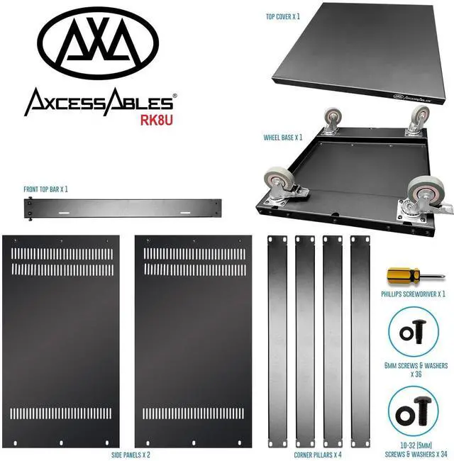 Alt view image 4 of 7 - AxcessAbles 8U 19 Homelab Server Rack | 550-LB Capacity | Open Frame with Removable Side Panels | Rolling Rack Cabinet w/Locking 3 Casters | Network, AV & Studio Gear | Includes 5mm & 6mm Screws