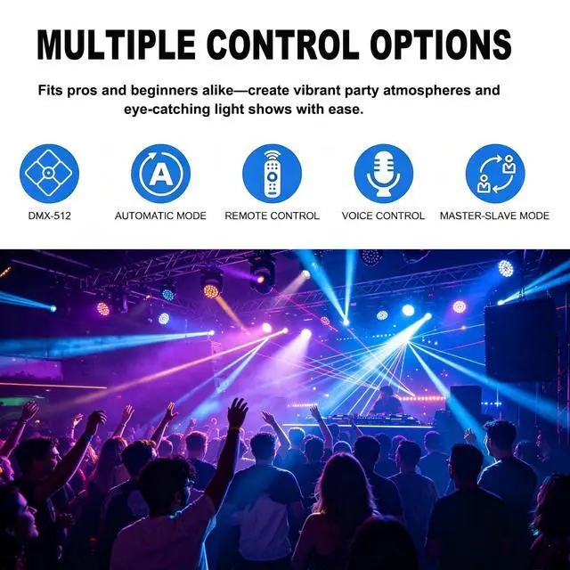 Alt view image 5 of 7 - Moving Head DJ Lights for Parties, 180W RGBW LED Moving Head Lights, 8-Arms Stage Lighting Sound Activated DMX 512 Control for Disco Club Wedding Parties World Cup