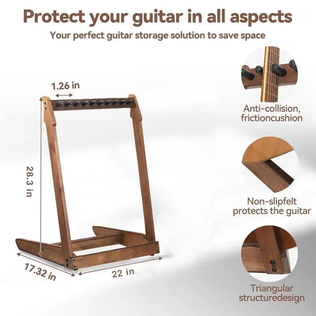 Alt view image 4 of 7 - Multiple Wood Guitar Stand,3-5 Guitar Rack, 15mm Thick Wood | Holds 3 acoustic or 5 electric/bass guitars, Protective soft foam padding, Scratch-free neck support, Anti-tip weighted base