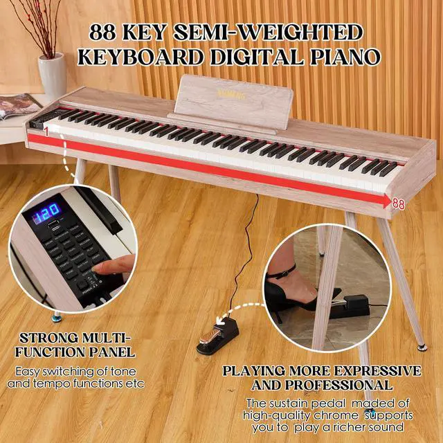 Alt view image 2 of 7 - digital Piano 88 Key Semi Weighted Keyboard,Full-size Electric Piano for Beginners,with Sheet Music Stand,Pedal,Power Adapter,Headphone Mode,USB-MIDI (Gray)