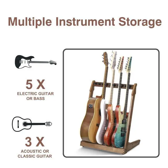 Alt view image 3 of 7 - Multiple Wood Guitar Stand,3-5 Guitar Rack, 15mm Thick Wood | Holds 3 acoustic or 5 electric/bass guitars, Protective soft foam padding, Scratch-free neck support, Anti-tip weighted base