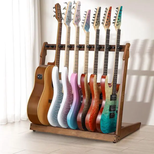 Alt view image 7 of 7 - Multiple Wood Guitar Stand,3-5 Guitar Rack, 15mm Thick Wood | Holds 3 acoustic or 5 electric/bass guitars, Protective soft foam padding, Scratch-free neck support, Anti-tip weighted base