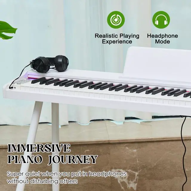 Alt view image 2 of 7 - digital Piano 88 Key Semi Weighted Keyboard,Full-size Electric Piano for Beginners,with Sheet Music Stand,Pedal,Power Adapter,Headphone Mode,USB-MIDI (White)