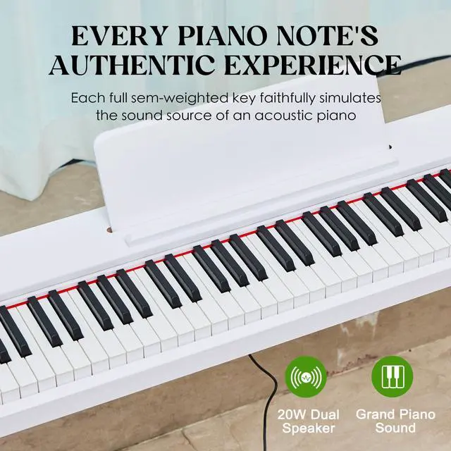 Alt view image 3 of 7 - digital Piano 88 Key Semi Weighted Keyboard,Full-size Electric Piano for Beginners,with Sheet Music Stand,Pedal,Power Adapter,Headphone Mode,USB-MIDI (White)