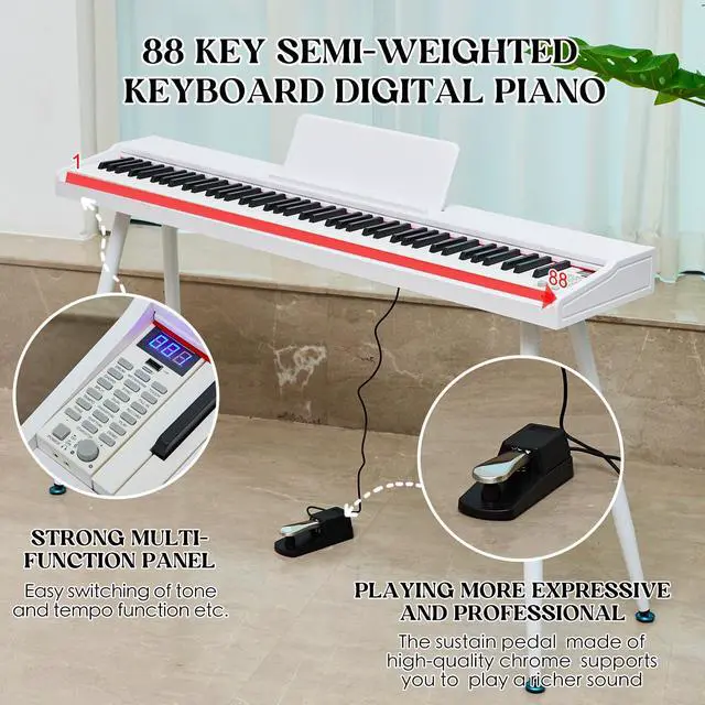 Alt view image 5 of 7 - digital Piano 88 Key Semi Weighted Keyboard,Full-size Electric Piano for Beginners,with Sheet Music Stand,Pedal,Power Adapter,Headphone Mode,USB-MIDI (White)