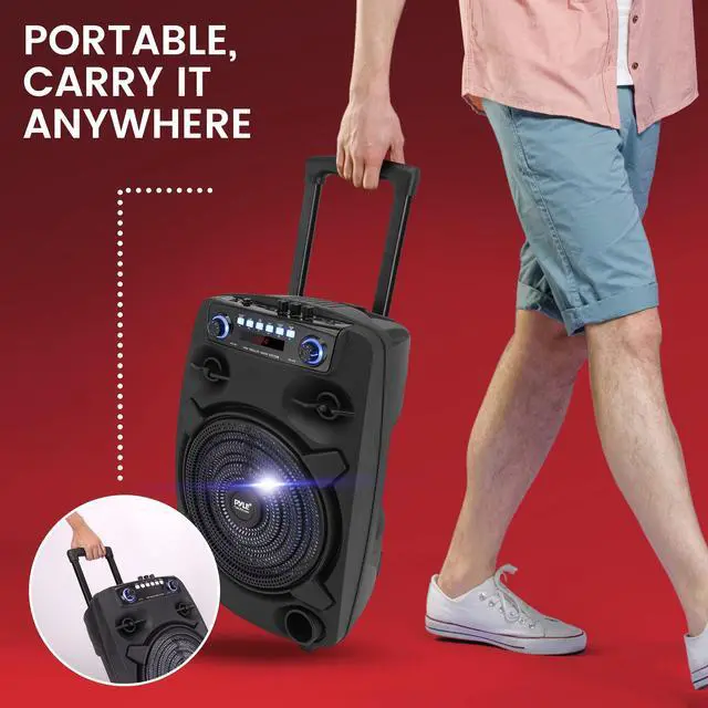 Alt view image 6 of 7 - Portable Bluetooth PA Speaker System - 800W 12 Outdoor Bluetooth Speaker Portable PA System - Party Lights, USB SD Card Reader, FM Radio, Rolling Wheels - Wired microphone, Remote - PPHP127B