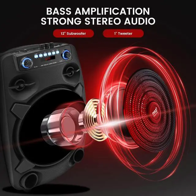 Alt view image 2 of 7 - Portable Bluetooth PA Speaker System - 800W 12 Outdoor Bluetooth Speaker Portable PA System - Party Lights, USB SD Card Reader, FM Radio, Rolling Wheels - Wired microphone, Remote - PPHP127B