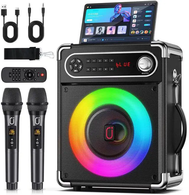 Main image of Karaoke Machine, 2 Wireless Microphones, Portable Bluetooth 5.3 PA Speaker with Disco Lights, Smart TV Compatible, Upgraded Subwoofer, Bass Boost & Echo, TF/USB/AUX/FM, Home & Outdoor Party