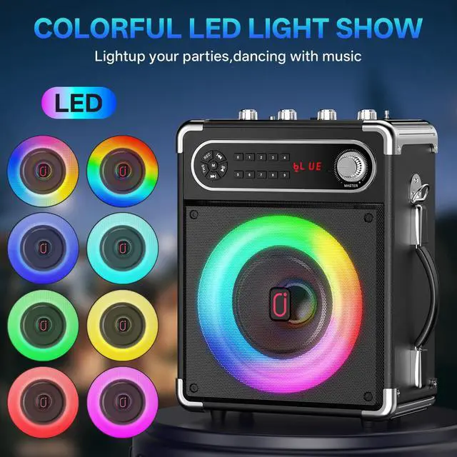 Alt view image 6 of 7 - Karaoke Machine, 2 Wireless Microphones, Portable Bluetooth 5.3 PA Speaker with Disco Lights, Smart TV Compatible, Upgraded Subwoofer, Bass Boost & Echo, TF/USB/AUX/FM, Home & Outdoor Party