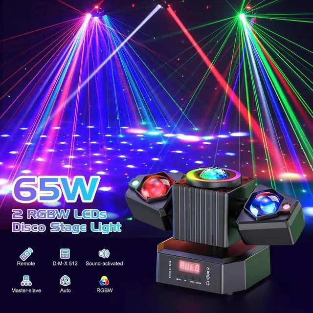 Alt view image 2 of 7 - Two-Armed Moving Head Lights with RGBW 4-in-1 Stage Lighting Effect and Starry Effect Controlled by Remote,DMX512,AUTO,Sound-Activated and Master-Slave in DJ Party Concert Church Wedding Theater