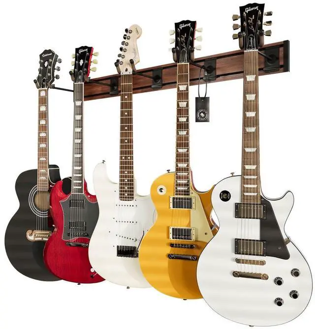 Main image of Guitar Wall Rack, Multiple Guitar Wall Mount, Guitar Organizer for Acoustic & Electric Guitars, 5 Padded Arm Hangers & Black Walnut Slatwall Rail, Wall Mount Guitar Rack - MADE IN USA